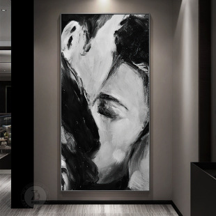 黑白灰高级感玄关装 饰画抽象人物情侣挂画入户走廊过道尽头墙壁画