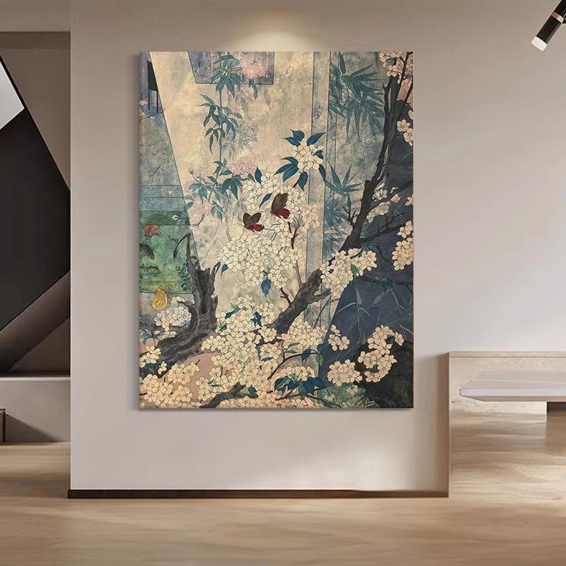 中古风白色梅花客厅装饰画蝴蝶绿色植物小众艺术复古怀旧玄关挂画图片