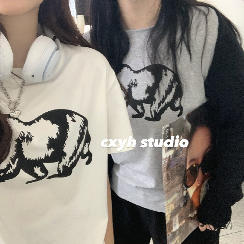Real print bear loose short sleeve T-shirt for women