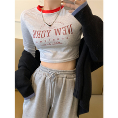 Real price high waist short open navel long sleeve grey T-shirt slim body with bottom coat