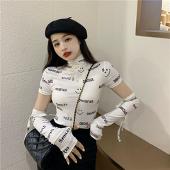 實拍實價超Q彈軟糯綁帶套指網紅印花打底衫上衣T恤ins風顯瘦