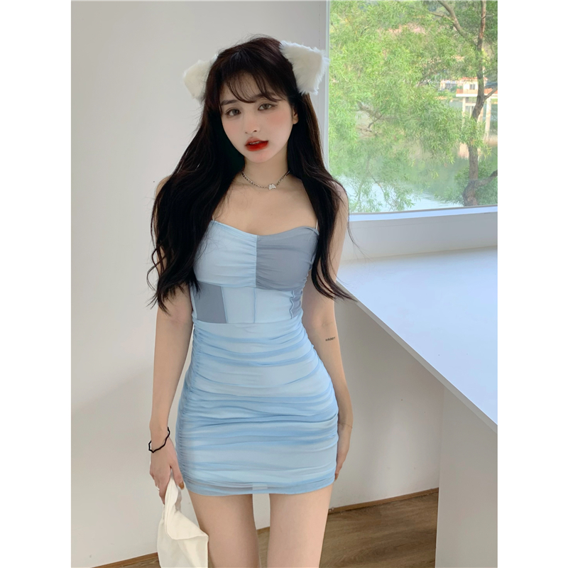 Real price retro pleated design stitching bag hip short skirt versatile super slim suspender dress