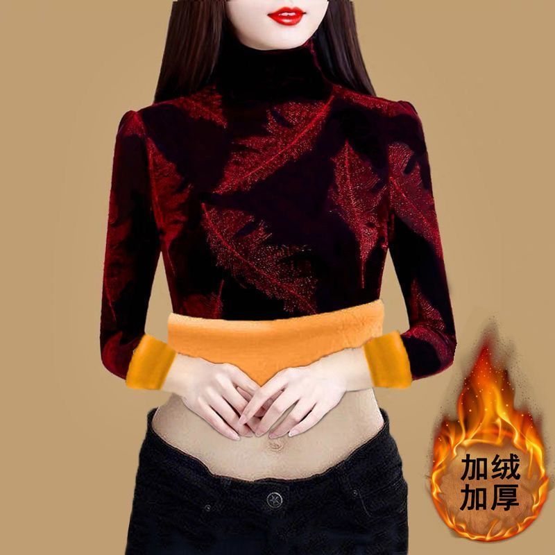 黄金加绒圆领冬季保暖打底长袖高领加厚遮肉上衣百搭洋气碎花T恤