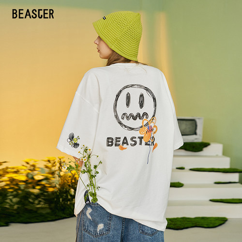 beaster美潮鸭鬼脸小花朵手绘t恤