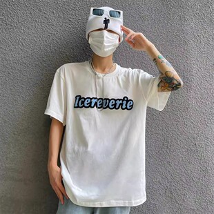 ICEREVERIE 简约印花打底衫 T恤国潮夏季 基础植绒短袖 宽松男女情侣