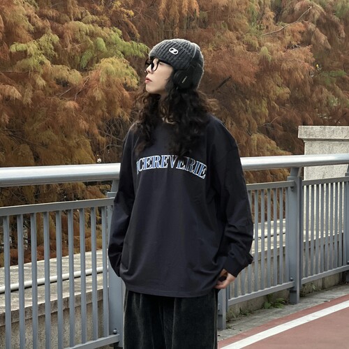 潮圆领长袖宽松印花纯色