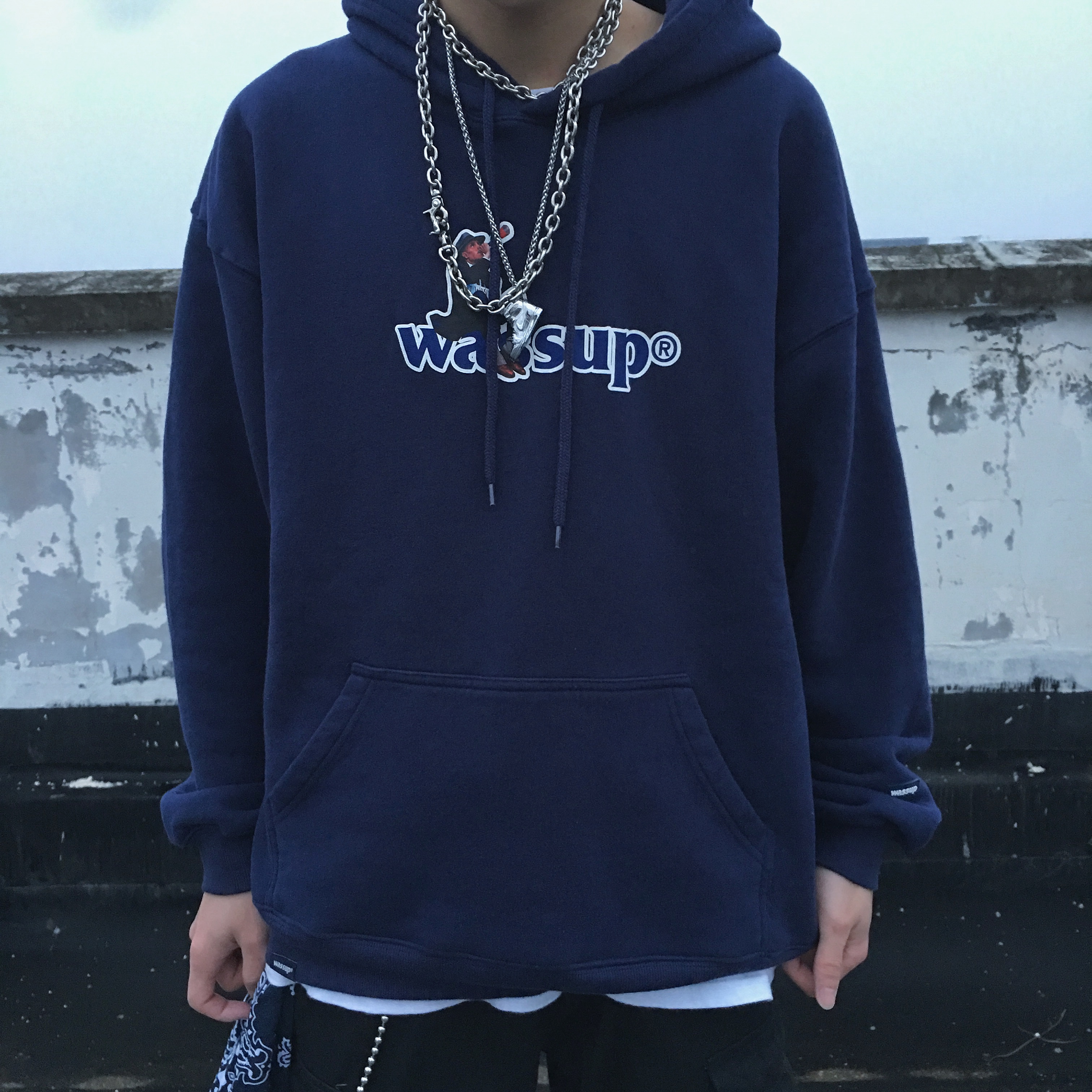 美潮鸭 潮牌wassup复古吹喇叭印花纯棉连帽加绒宽松套头卫衣男女