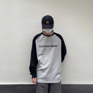 T恤男女情侣复古撞色上衣秋冬打底衫 拼接长袖 插肩袖 ICEREVERIE