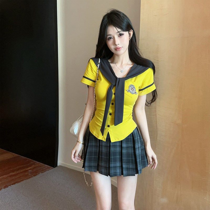 夏季学院jk套装制服设计辣妹短袖披肩上衣T恤高腰两件套百褶裙女