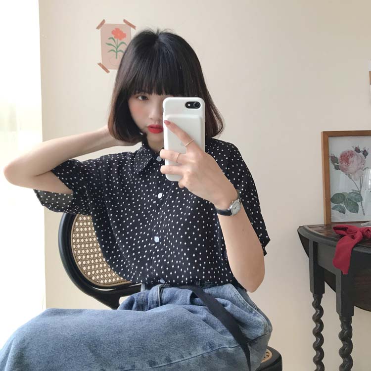 Photo thin Chiffon Shirt Short Sleeve Polka Dot Shirt