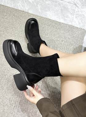 厚底短靴女大筒围弹力靴大码胖脚小个子增高瘦瘦靴