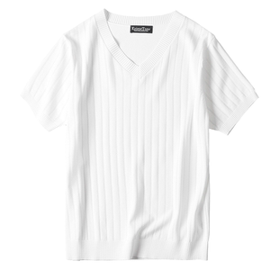 男士轻薄款v领冰丝针织短袖t恤 夏季大码体恤圆领白色半袖针织衫