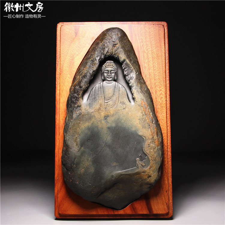 孤品珍藏名师老坑砚台/佛/金晕籽料原石歙砚高档砚台端砚文房四宝