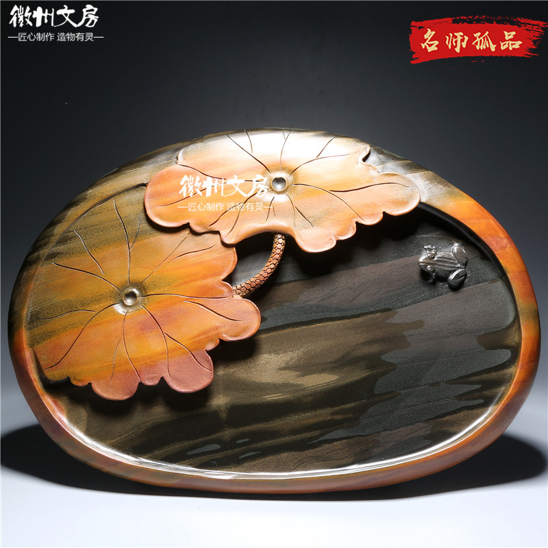孤品名师老坑砚台/荷塘清趣/精品原石歙砚籽料天然高档文房收藏端