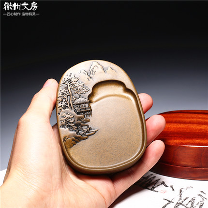 非遗歙砚文人凌云山水砚台老坑书法绘画专用抄经文房四宝收藏礼品