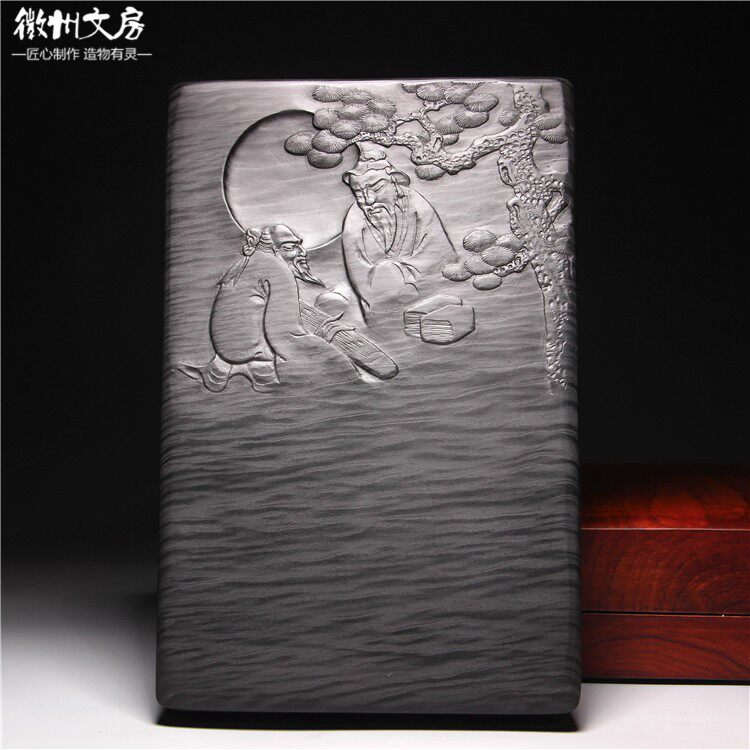孤品 名师砚台/松下会友图 老坑眉纹手工原石砚台文房高档端砚礼