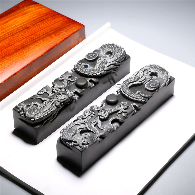 双龙戏珠 名师作品手工老坑歙石文镇 创意镇纸老坑藏品艺术文房