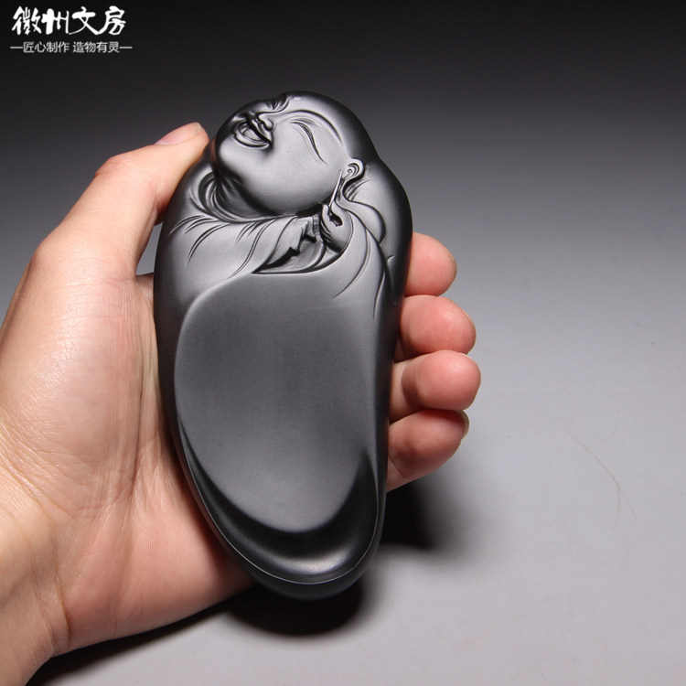 中国歙砚老坑小楷砚台/笑口常开/龙尾天然原石砚台籽料文房四宝端图片
