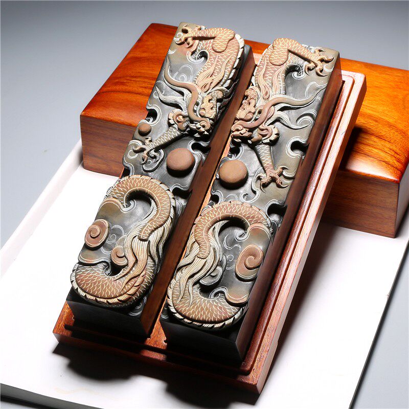 非遗名师作品《双龙戏珠》歙砚石精工镇尺压纸高档文镇老坑高级
