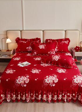 2024新款床盖单件大红色夹棉加厚婚庆床单结婚1.5m1.8米双人床套