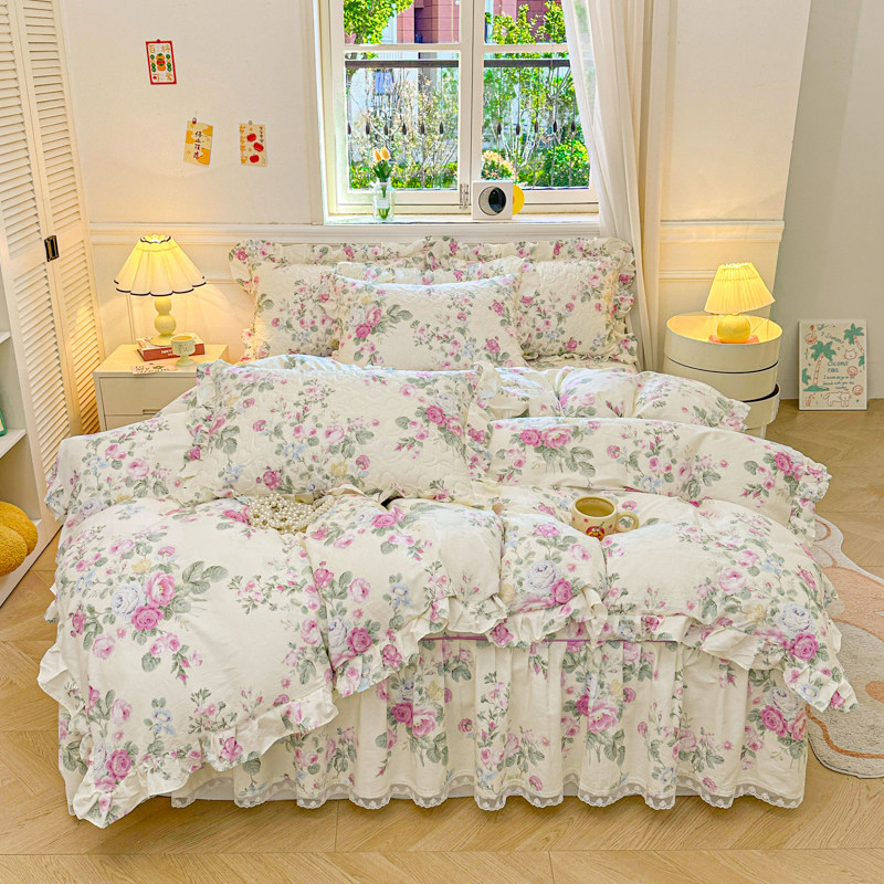 全棉夹棉加厚床罩四件套纯棉荷叶花边裙笠被套1.5m1.8米双人套件
