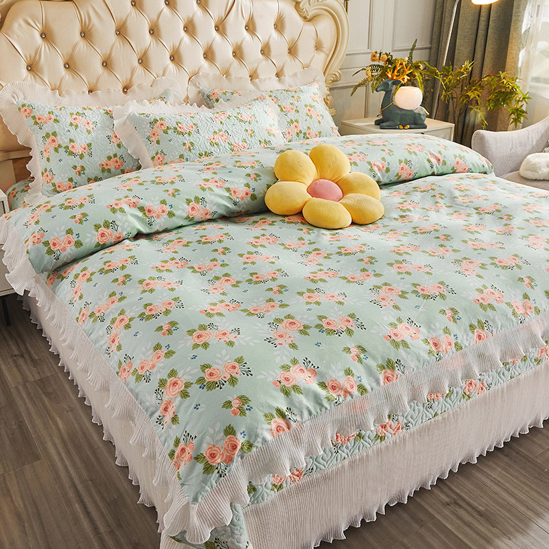全棉夹棉加厚床盖四件套纯棉简约蕾丝床单被套1.5m1.8米双人套件