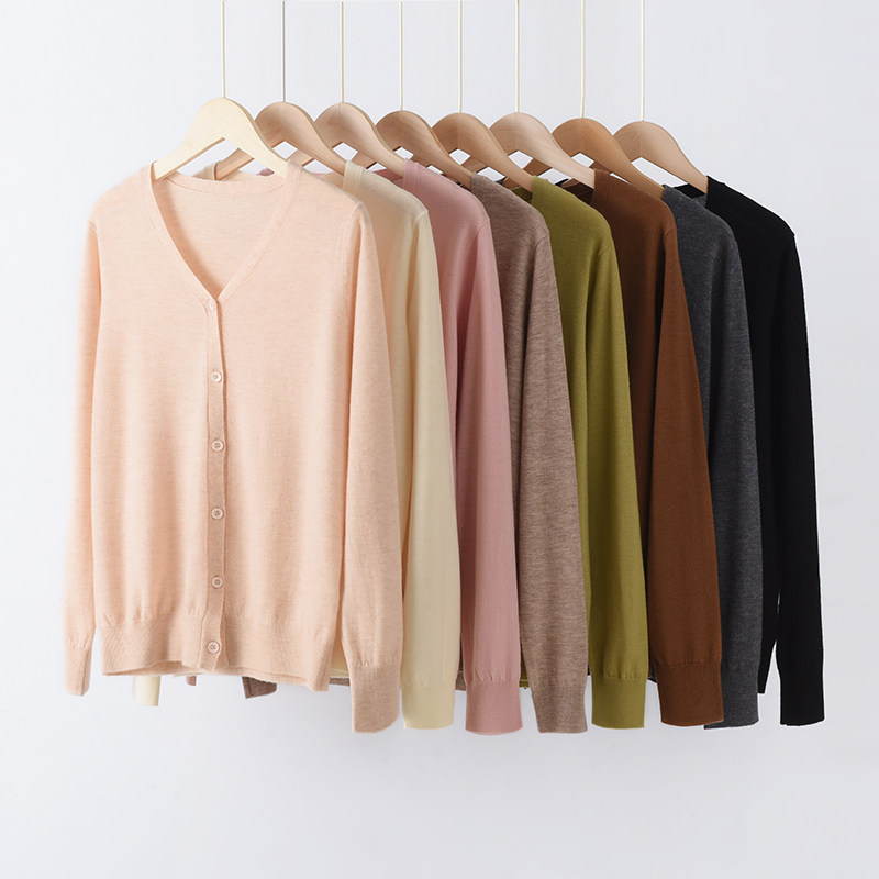 Wool~2026春夏新款精纺薄款纯羊毛针织开衫女V领百搭毛衣外套春秋