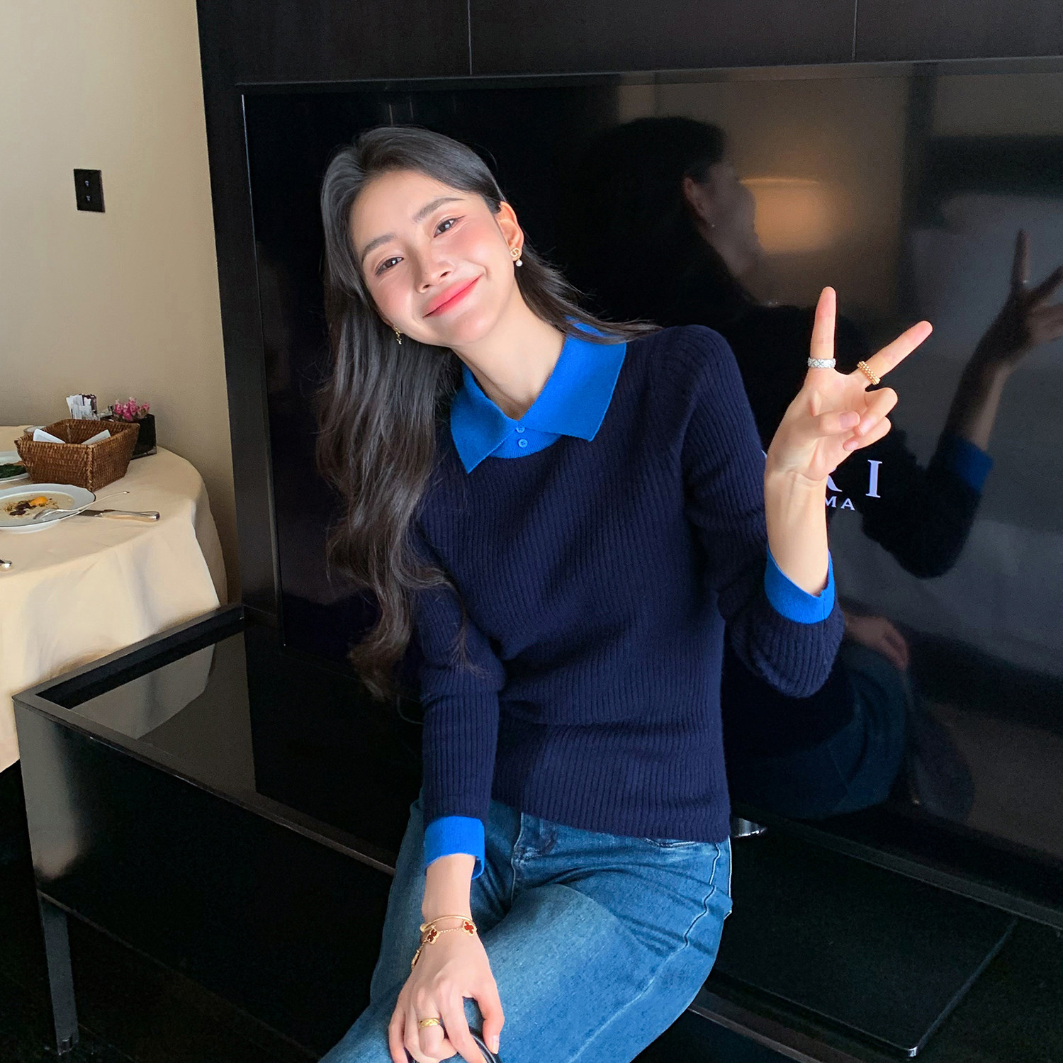 软糯服帖~针织羊绒衫女士polo翻领长袖假两件羊毛打底衫柔软亲肤