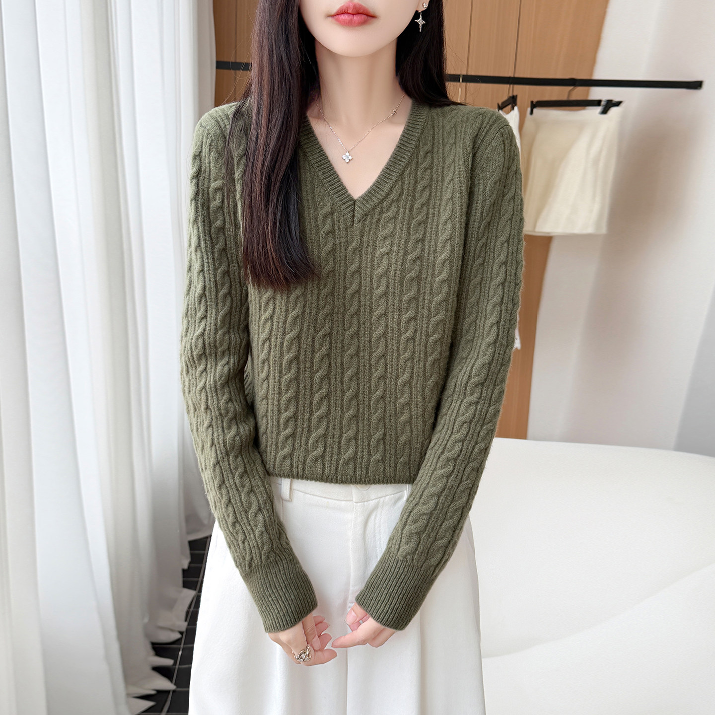 小清新~秋冬新款V领麻花100%纯羊毛针织衫女套头毛衣宽松温柔上衣