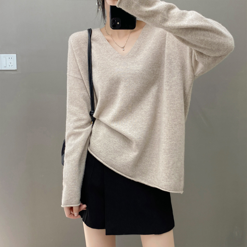慵懒风~2024年秋冬新款V领山羊绒衫女士套头长袖针织羊毛毛衣宽松