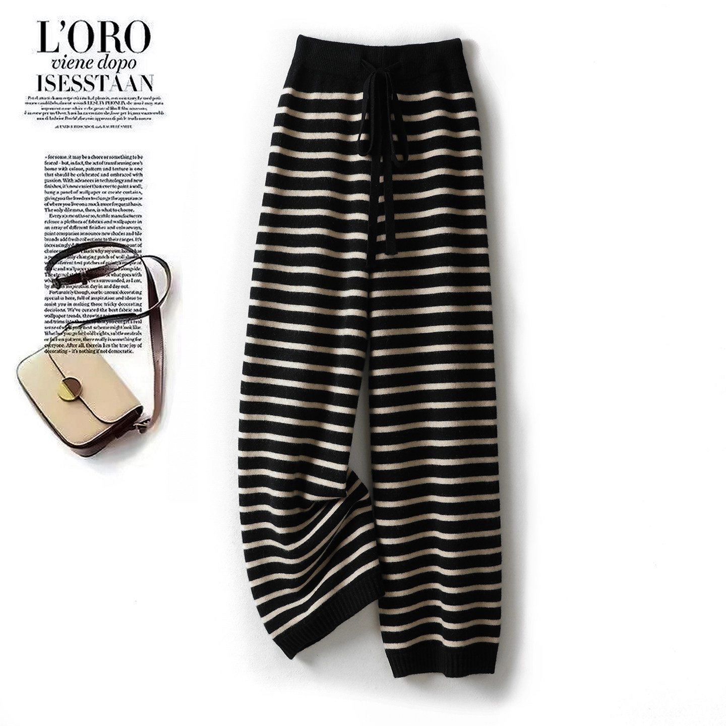 松弛风~2025秋冬新款纯羊毛裤女士高腰显瘦条纹针织阔腿裤休闲裤,女装/女士精品,休闲裤,淘宝优惠券,粉丝福利购,淘宝优惠卷