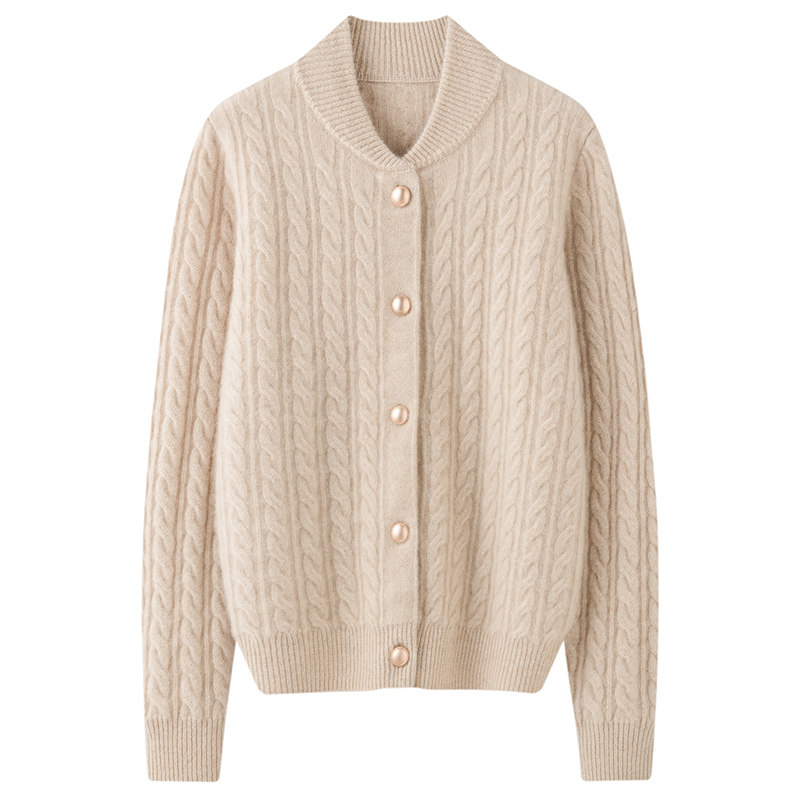 棒球公主~复古麻花秋冬山羊绒开衫女士圆领针织毛衣宽松加厚外套