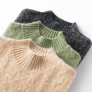 温柔优雅2025秋冬花纱羊绒衫女士半高领套头扭花针织衫宽松毛衣厚