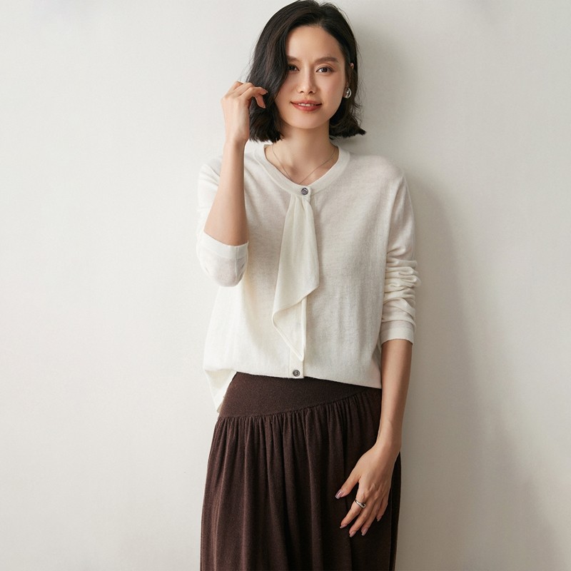 大女主~薄款精纺山羊绒女士圆领开衫外套飘带套头毛衣针织衫宽松