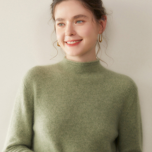 双股花纱~秋冬新款女士针织羊绒衫半高领卷边加厚毛衣柔软打底衫