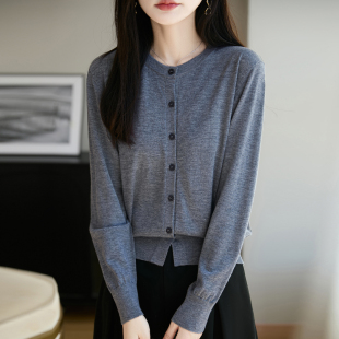 好品质~四季可穿~48支精纺纯羊毛女士圆领开衫薄款针织短款外套