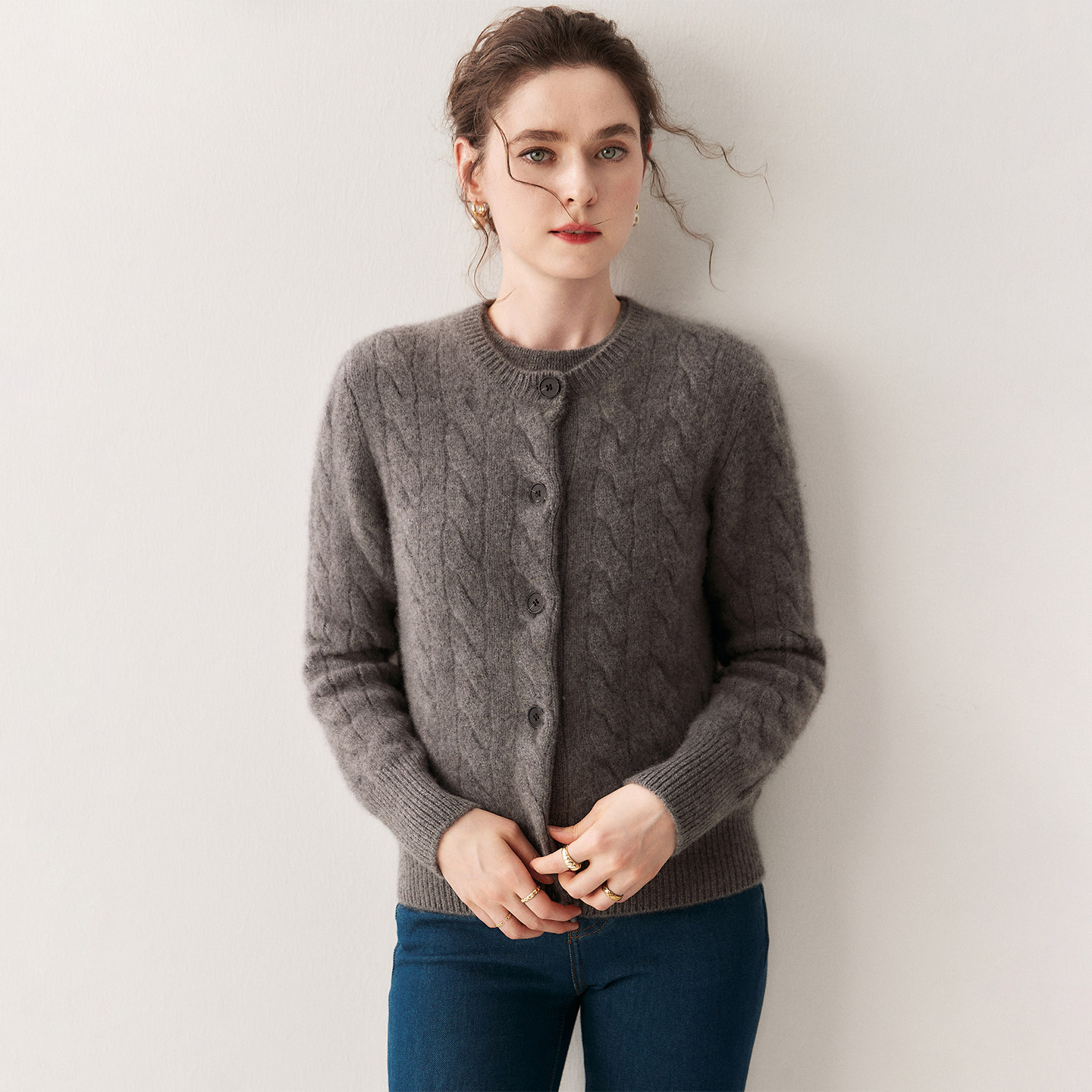 加厚春秋老钱风羊绒女针织开衫