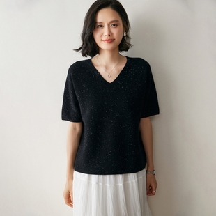 新款 毛衫 V领山羊绒女士短袖 五分袖 上衣宽松大码 一线成衣彩点绒纱