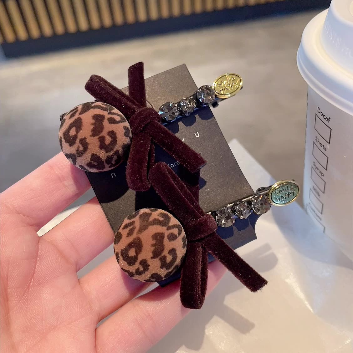 小众设计感豹纹发夹植绒蝴蝶结