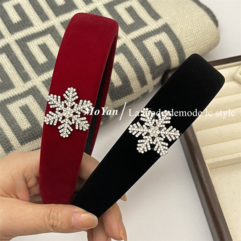浪漫氛围感精致水钻雪花发箍女秋冬丝绒红色头箍新款高颅顶压发卡