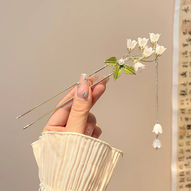 珍珠铃兰花朵流苏发簪女新中式现代盘发簪子古风旗袍汉服发钗头饰