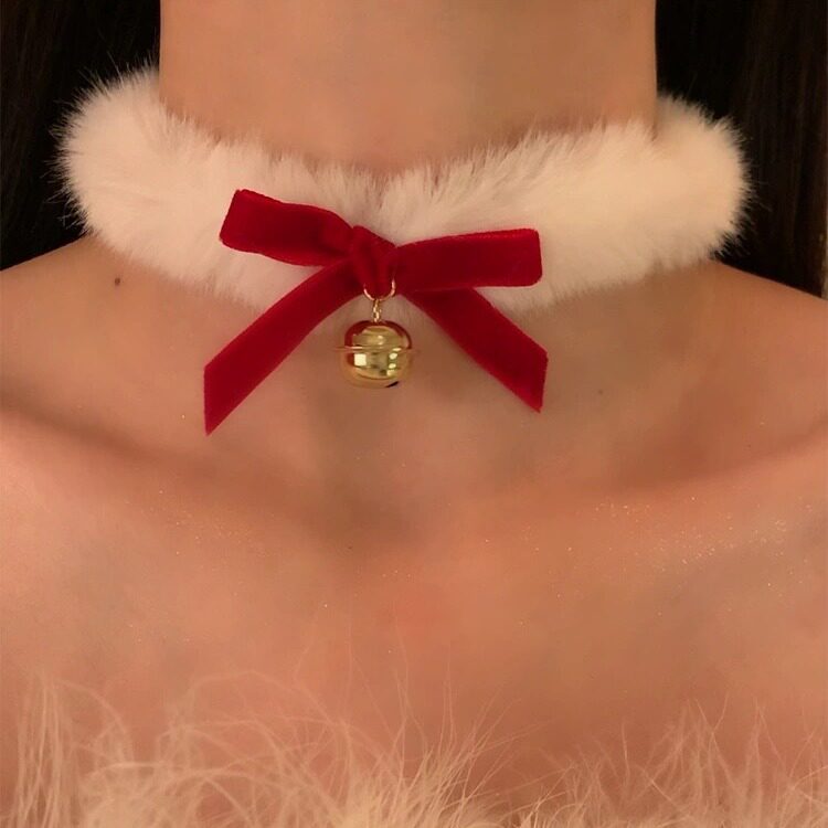 圣诞节蝴蝶结铃铛项链女羽毛绒choker颈链锁骨链秋冬高级感装饰品