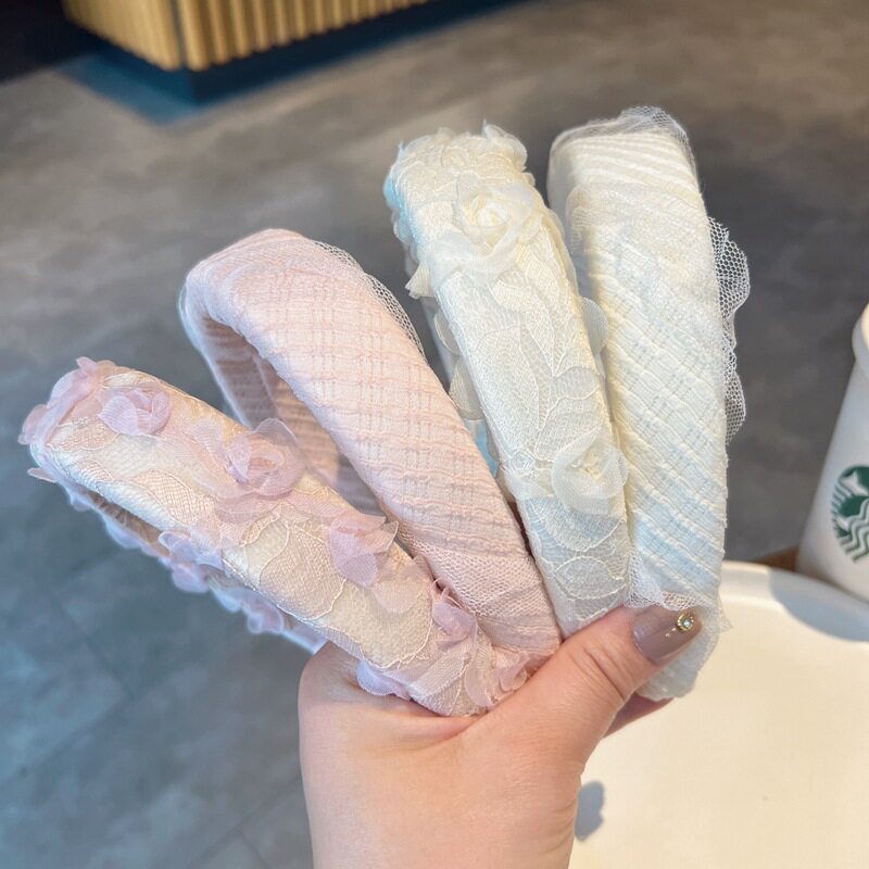 高颅顶玫瑰花蕾丝花边发箍头窟海棉宽边洗脸头箍高级感发卡发饰