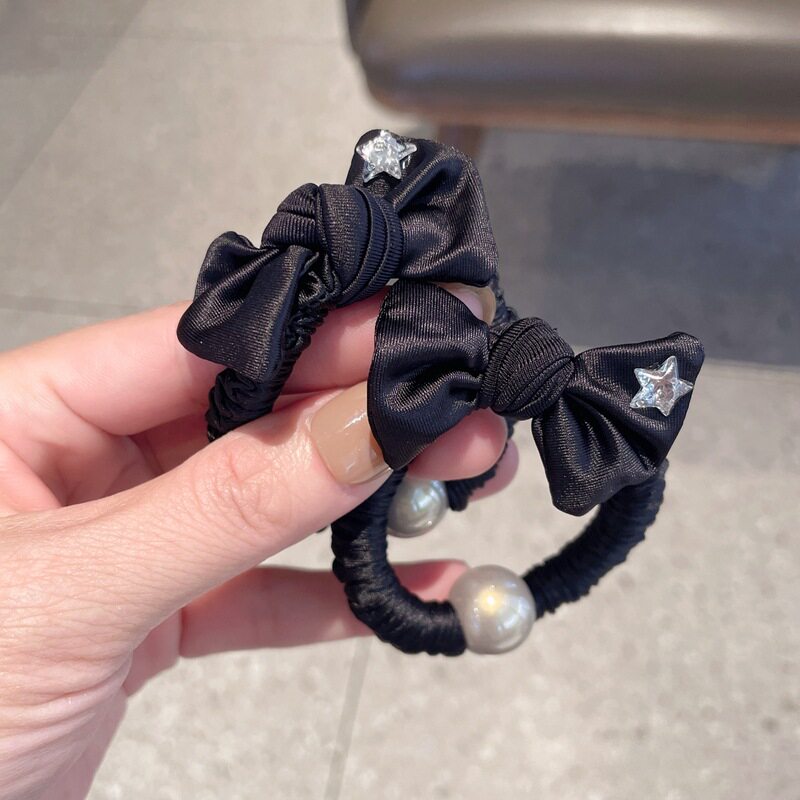 黑色缎面星星水钻蝴蝶结发圈