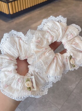 新款法式蕾丝大肠发圈少女梦幻蝴蝶结丝带发绳头绳方巾女韩式发饰