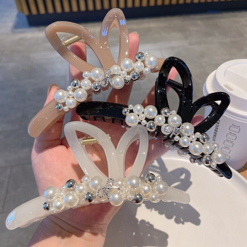 法式轻奢风珍珠兔耳朵大抓夹高级感后脑勺盘发夹鲨鱼夹发卡发饰