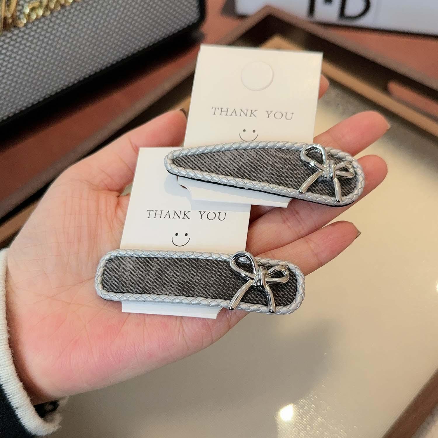 高级灰水滴蝴蝶结发夹 轻奢包边BB夹子女士刘海夹碎发侧边夹头饰