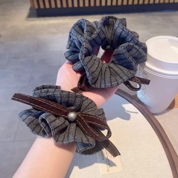 韩系灰色条纹蝴蝶结双层发圈