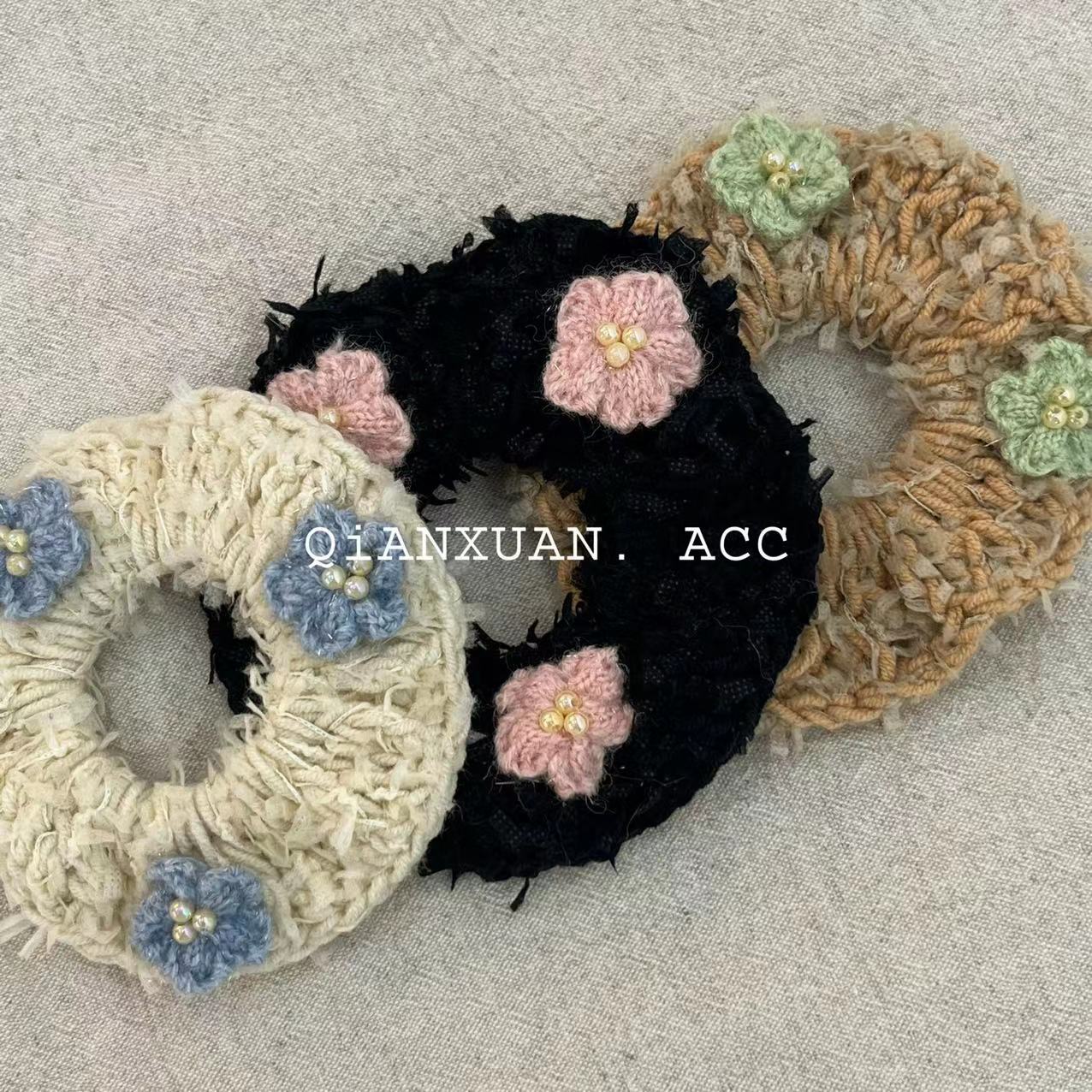 软糯甜美毛线花朵大肠发圈bm风手工钉珠发绳秋冬扎马尾皮筋头绳女