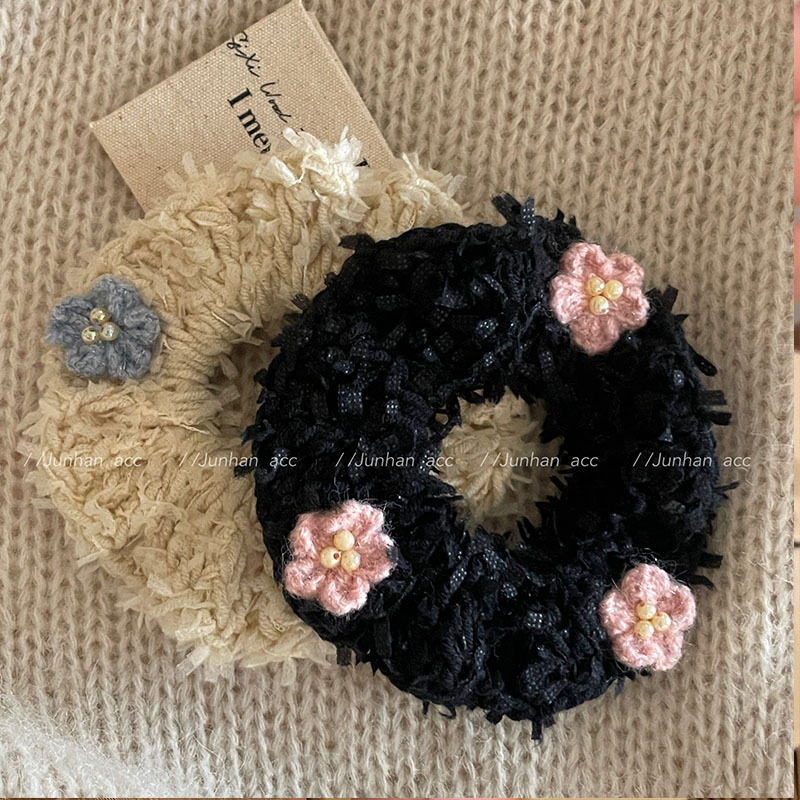 手作钉珠针织花朵发圈毛线发绳头绳扎发皮筋头饰